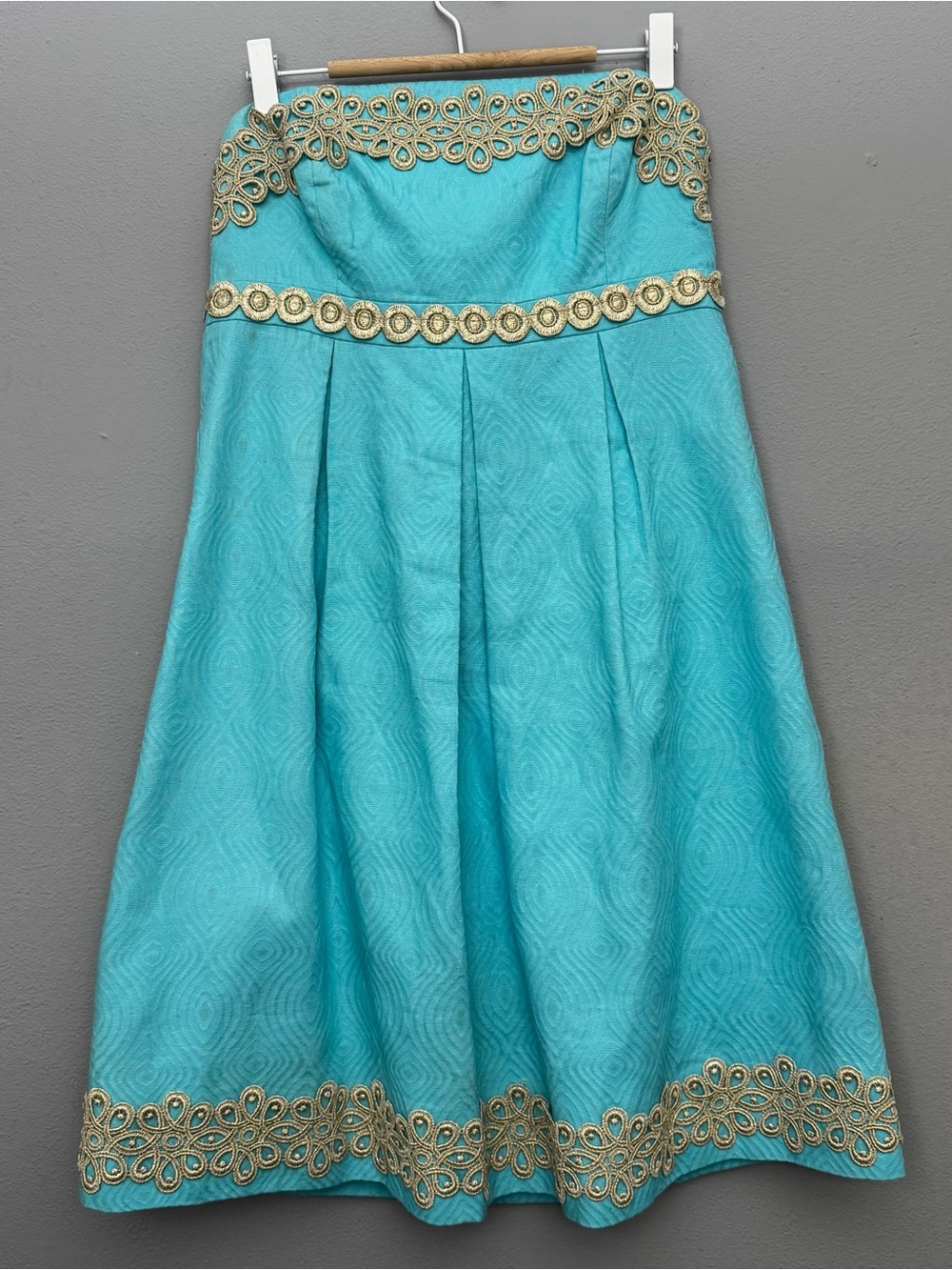 Lilly Pulitzer Betsey Strapless Wave Jacquard Dress Aqua Blue Gold Lace Trim 6 - Picture 2 of 14